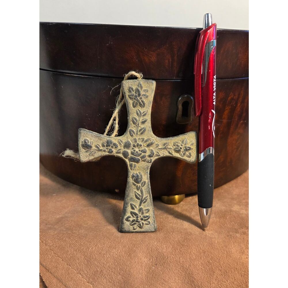 Handmade Floral Ceramic Cross Wall Hanging Rustic Religious Decor - Picture 5 of 5